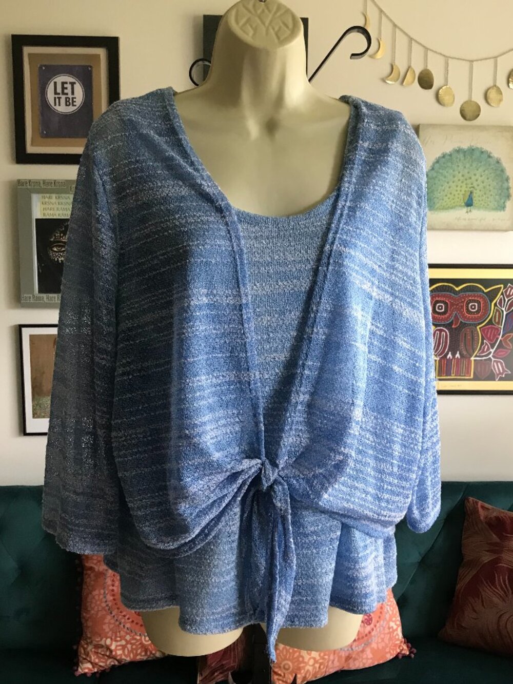 ALFRED DUNNER size L Blue Knit 2 Pc Layered Shell & Cropped Tie Front Cardigan